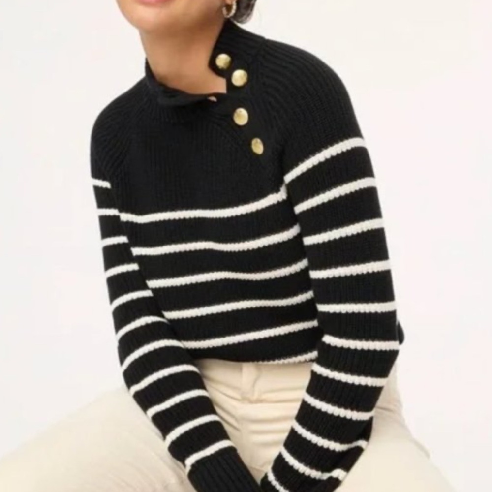 J.Crew Striped Gold Button Mock Neck Sweater Small Black White Mariner